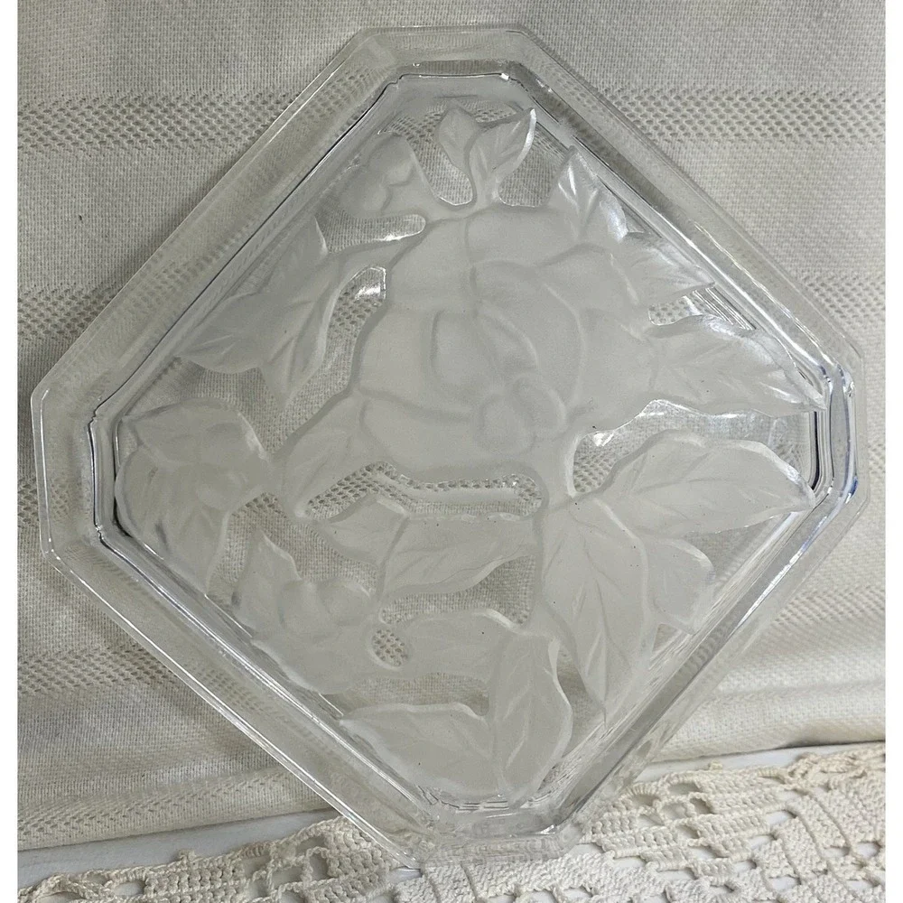Leaded Crystal Catchall Trinket Dish Octogonal Decorative Pin Tray Floral Motif